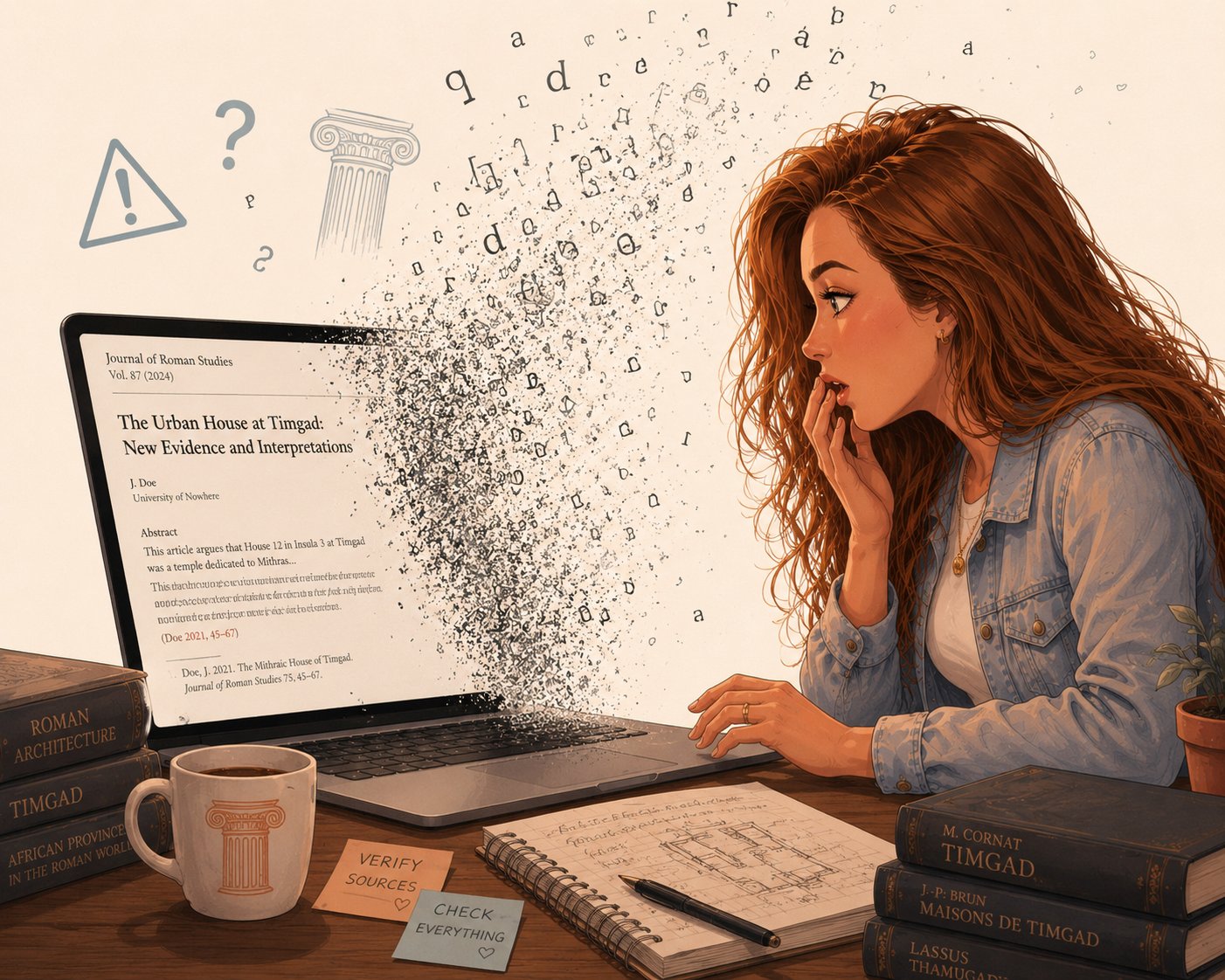 Illustration of the author staring in alarm at a laptop where a fake journal article about a Mithraic temple at Timgad dissolves into scattered letters. Sticky notes on the desk read 'verify sources' and 'check everything.'