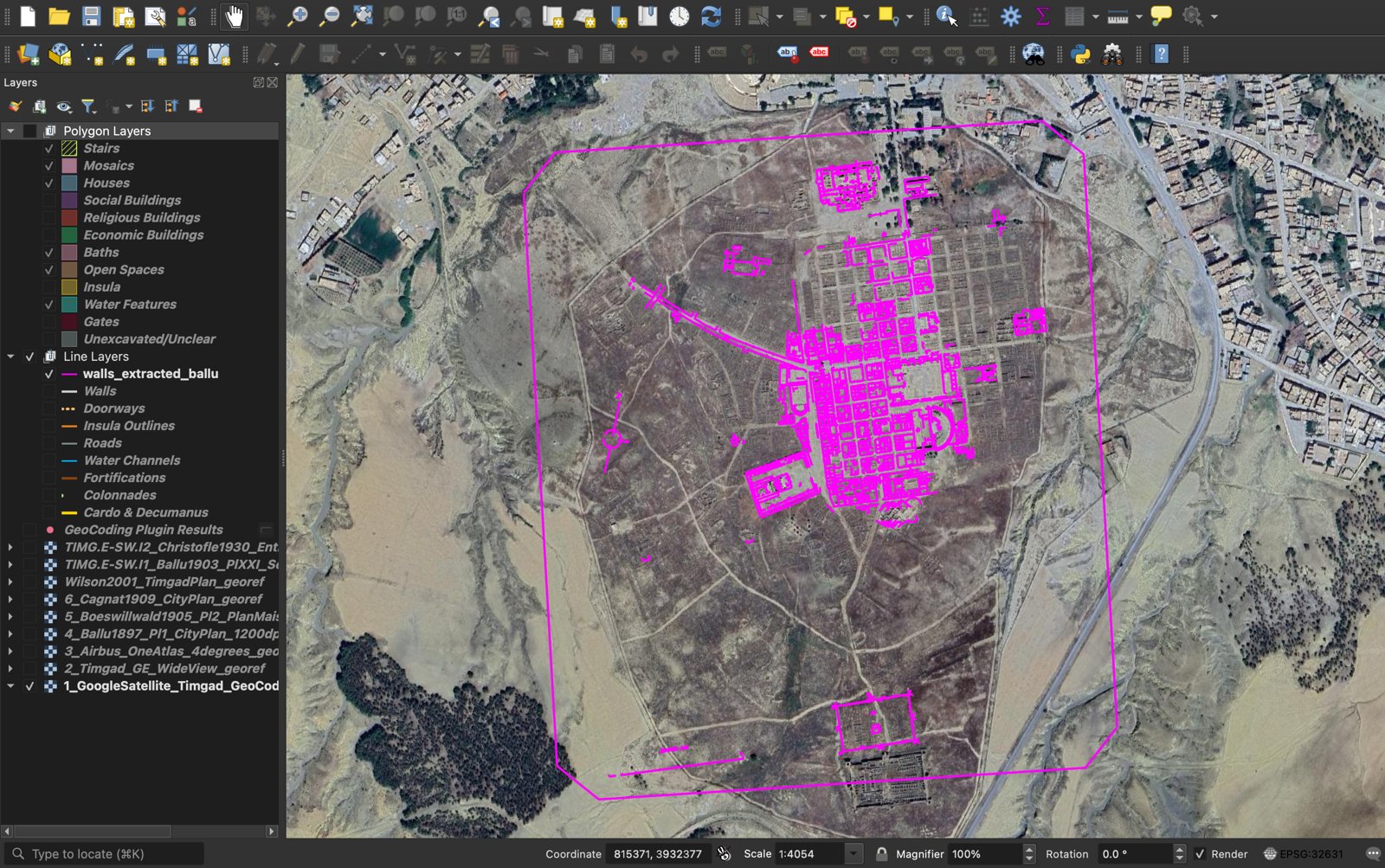 QGIS showing the automated trace of Ballu's 1897 plan as magenta lines over satellite imagery of Timgad, dense in the excavated central quarter and sparse in the surrounding areas
