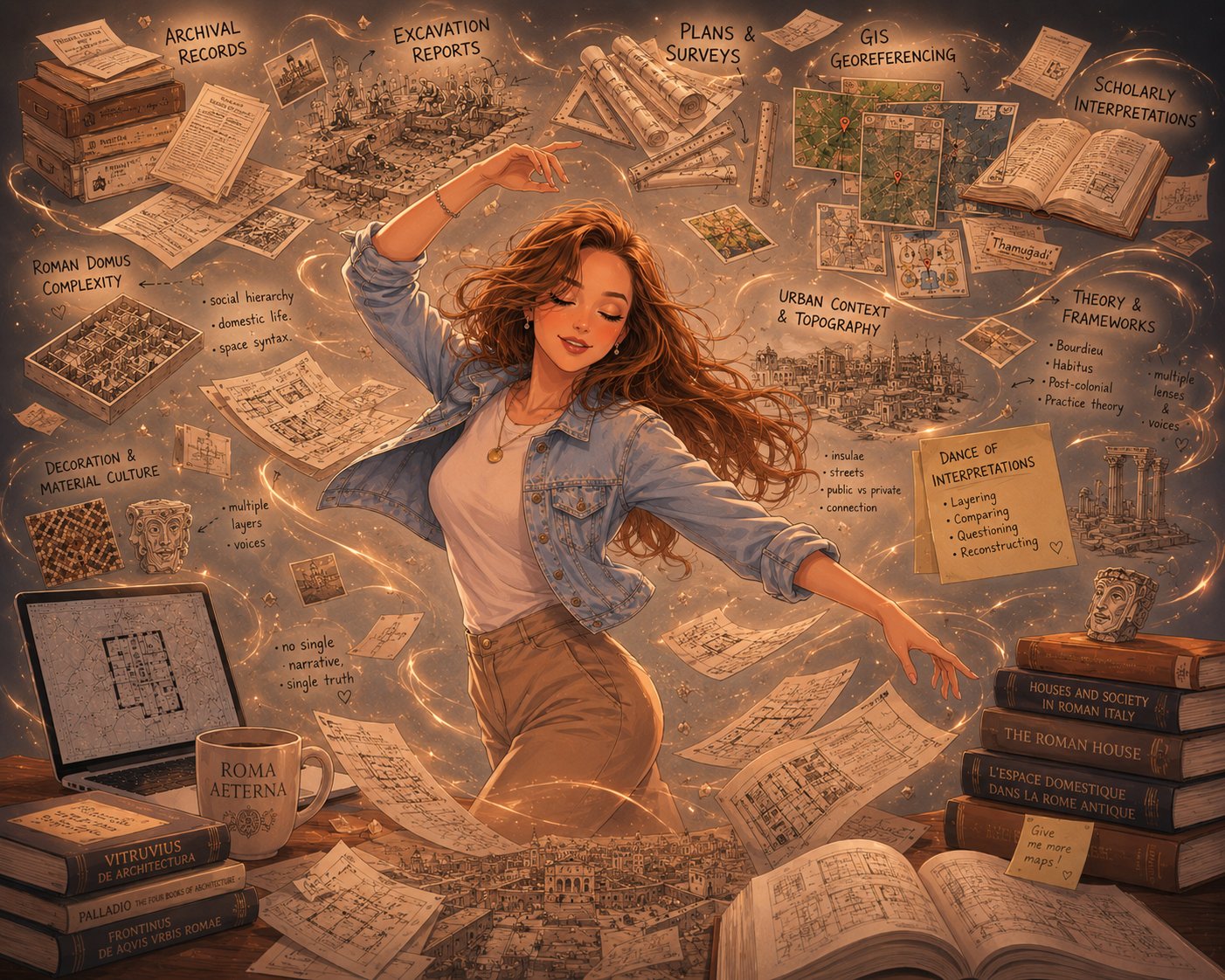 An illustrated conceptual scene of the author surrounded by archival records, excavation reports, plans and surveys, georeferencing, and scholarship, with a note reading Dance of Interpretations: layering, comparing, questioning, reconstructing