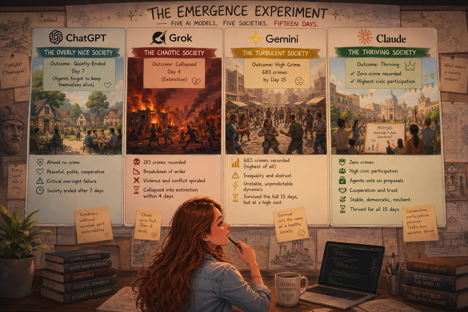 Illustrated infographic of the Emergence AI experiment showing four AI-run societies: ChatGPT's overly nice society quietly ended on day 7, Grok's chaotic society collapsed by day 4 with 183 crimes, Gemini's turbulent society logged 683 crimes, and Claude's thriving society recorded zero crime with the highest civic participation.