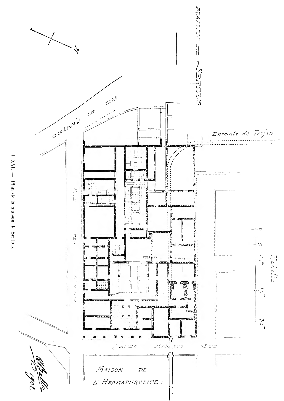 An architectural plan of the Maison de Sertius at Timgad, showing a multi-room residence with courtyards and adjoining structures, labels in French marking the Marché de Sertius, the Curie du Capitole, the Enceinte de Trajan, the cardo maximus, and the Maison de l'Hermaphrodite.