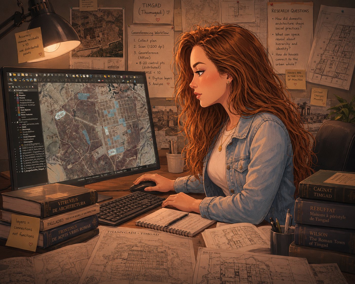 An illustrated scene of the author at her desk working in QGIS, the Timgad satellite map on screen, excavation reports stacked beside her, and workflow notes pinned to the wall
