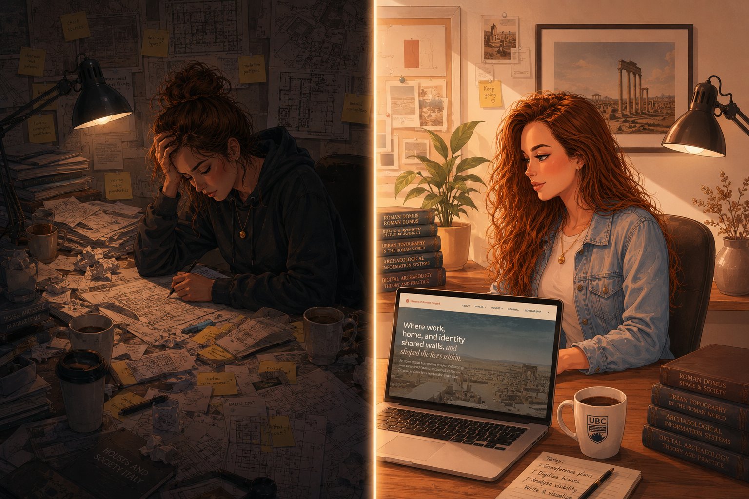 Split illustration: on the left, a researcher hunched over a dark, chaotic desk buried in plans, sticky notes, and coffee cups; on the right, the same researcher at a tidy, sunlit desk with the finished Timgad website open on her laptop.