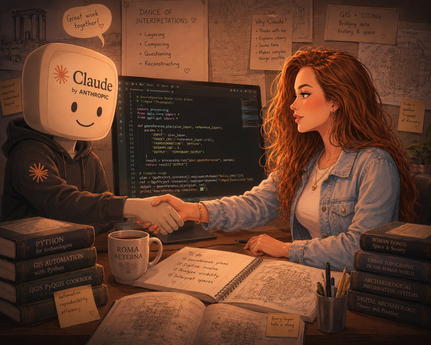 Illustration of the author shaking hands with a friendly figure whose head is a glowing screen labeled Claude by Anthropic, in front of a monitor of QGIS Python code and a desk stacked with archaeology books.