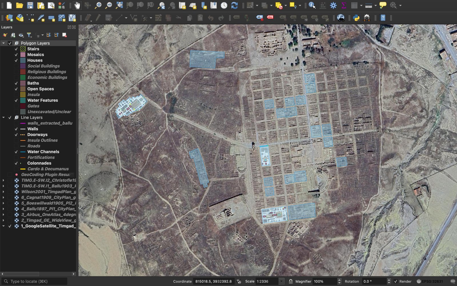 QGIS showing the whole site of Timgad on satellite imagery, with house polygons in blue scattered across the city and a long list of categorized layers in the panel on the left