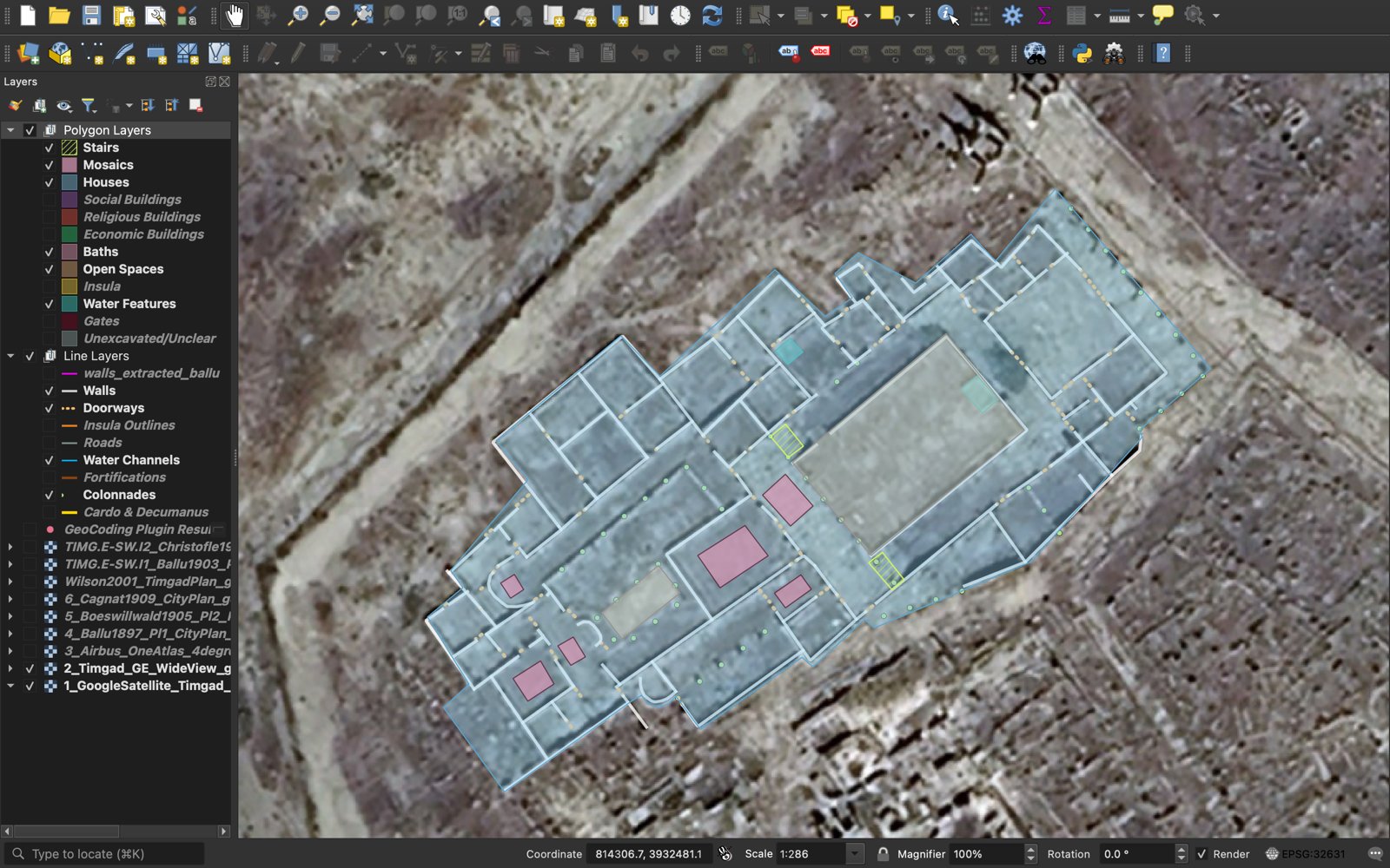 A single Timgad house digitized in detail in QGIS, showing the house footprint, walls as white lines, doorways as orange dotted lines, mosaic pavements in pink, and water features in teal, all over the satellite image