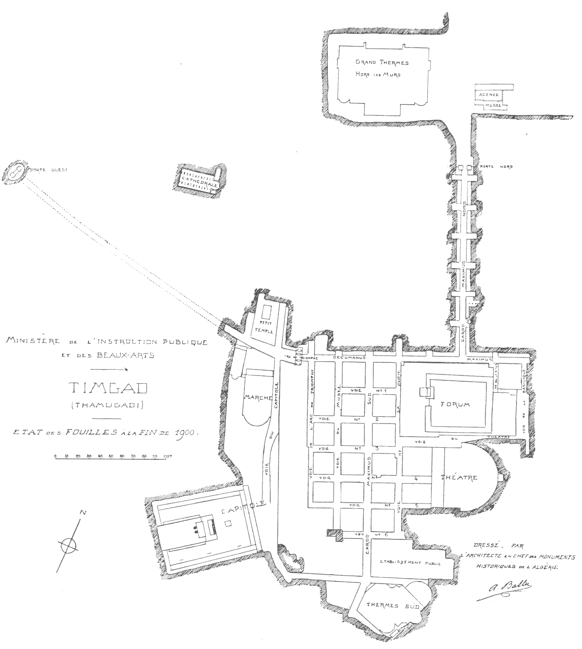 A hand-drawn site plan of Timgad as excavated by the end of 1900, with labeled features including the Capitole, Forum, Théâtre, Marché, the cardo and decumanus maximus, the Grand Thermes hors les murs to the north, the Thermes Sud, and the Porte Nord and Porte Ouest gates.