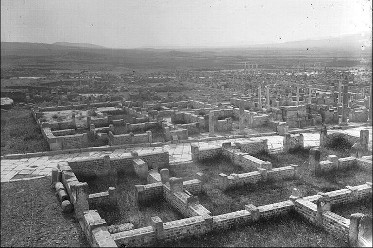 Stone walls of houses at Timgad rising out of the plain, with mountains beyond.