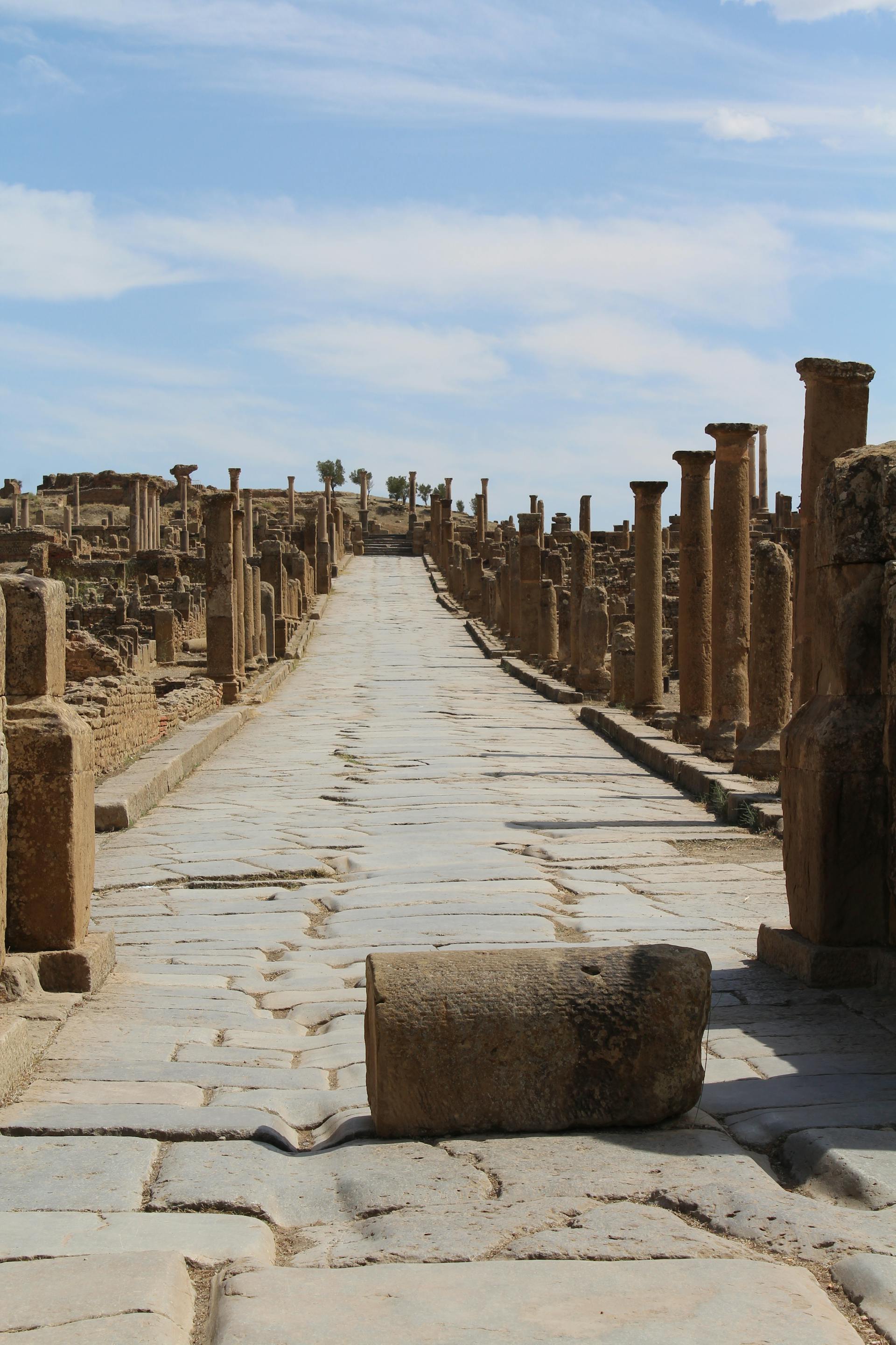 A Roman colonnaded street, lined with weathered sandstone columns, leading toward the horizon under a wide blue sky.